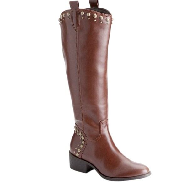 ELLE Addison Vegan Leather Tall Knee High Studded Boots in Cognac SZ 7 - Picture 1 of 12